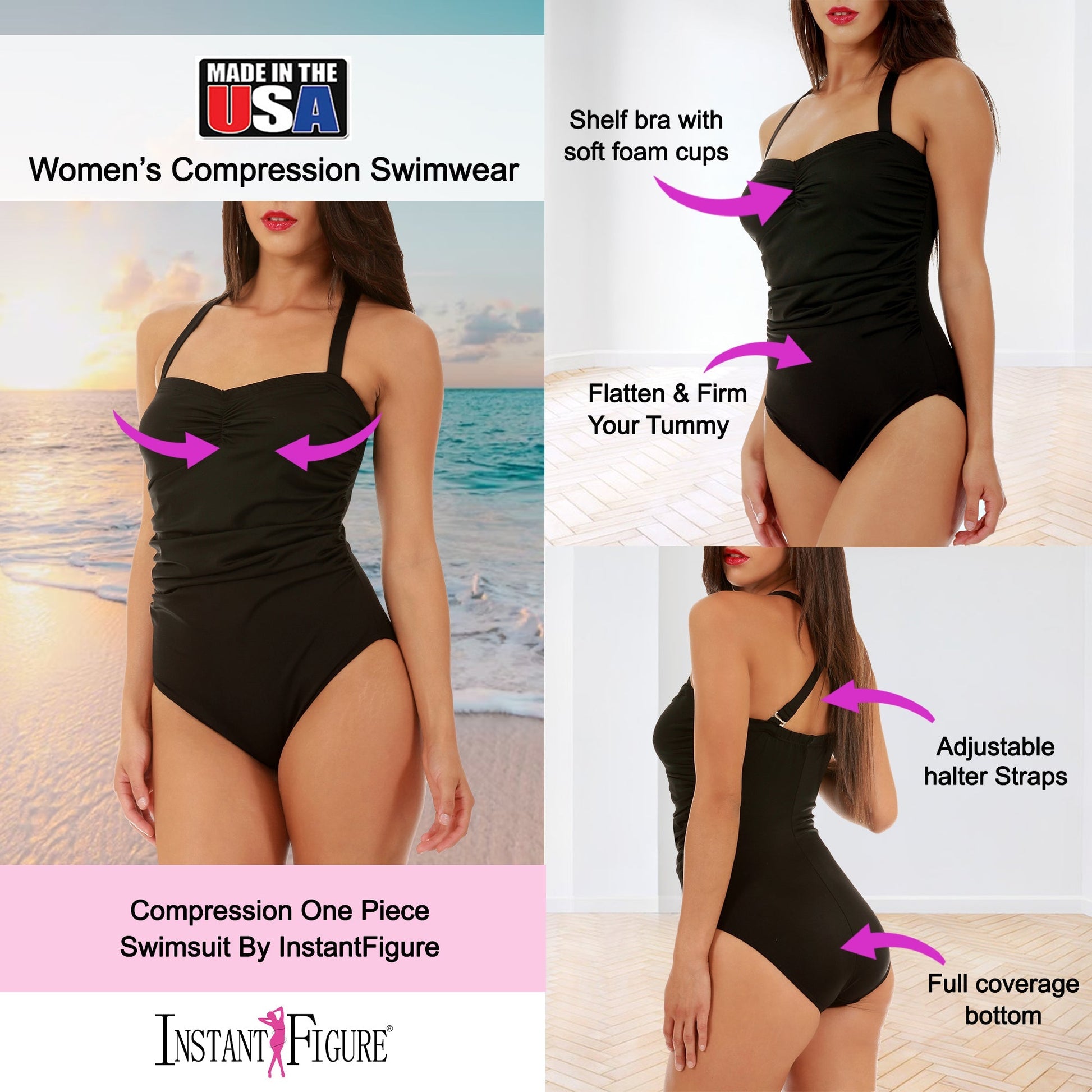 Ashley Stewart InstantFigure Halter Swimsuit Black
