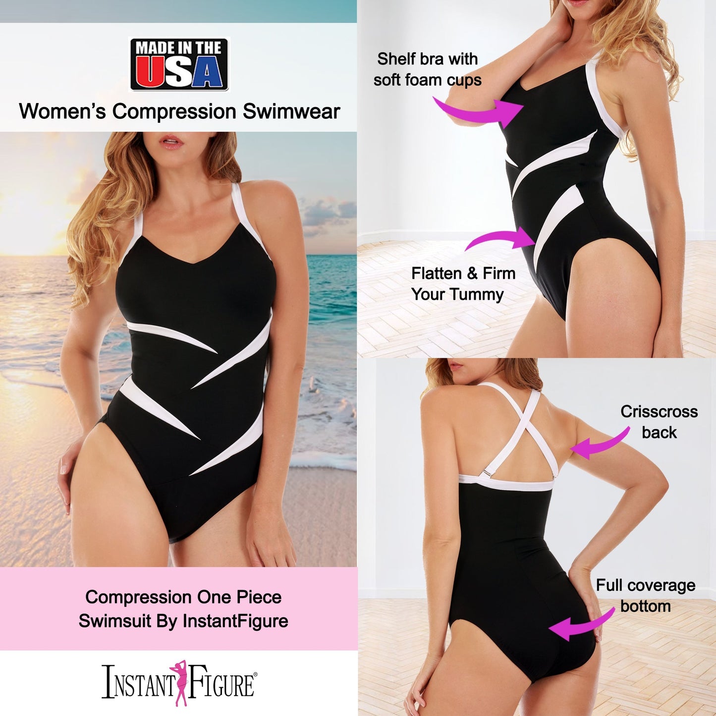Ashley Stewart InstantFigure Two Tone Swimsuit Black/White