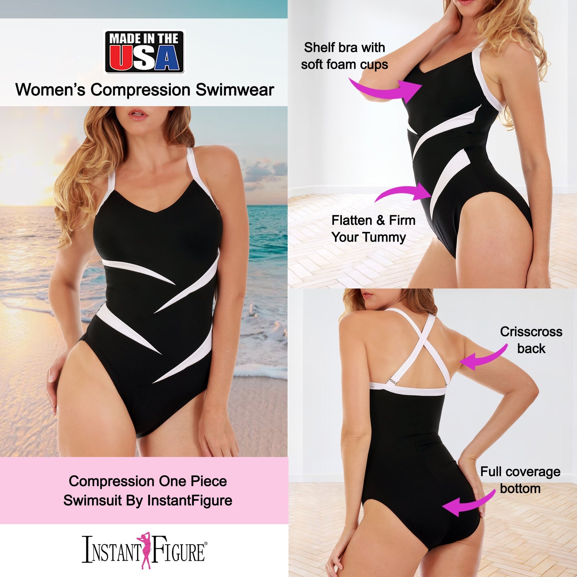 Ashley Stewart InstantFigure Two Tone Swimsuit Black/White