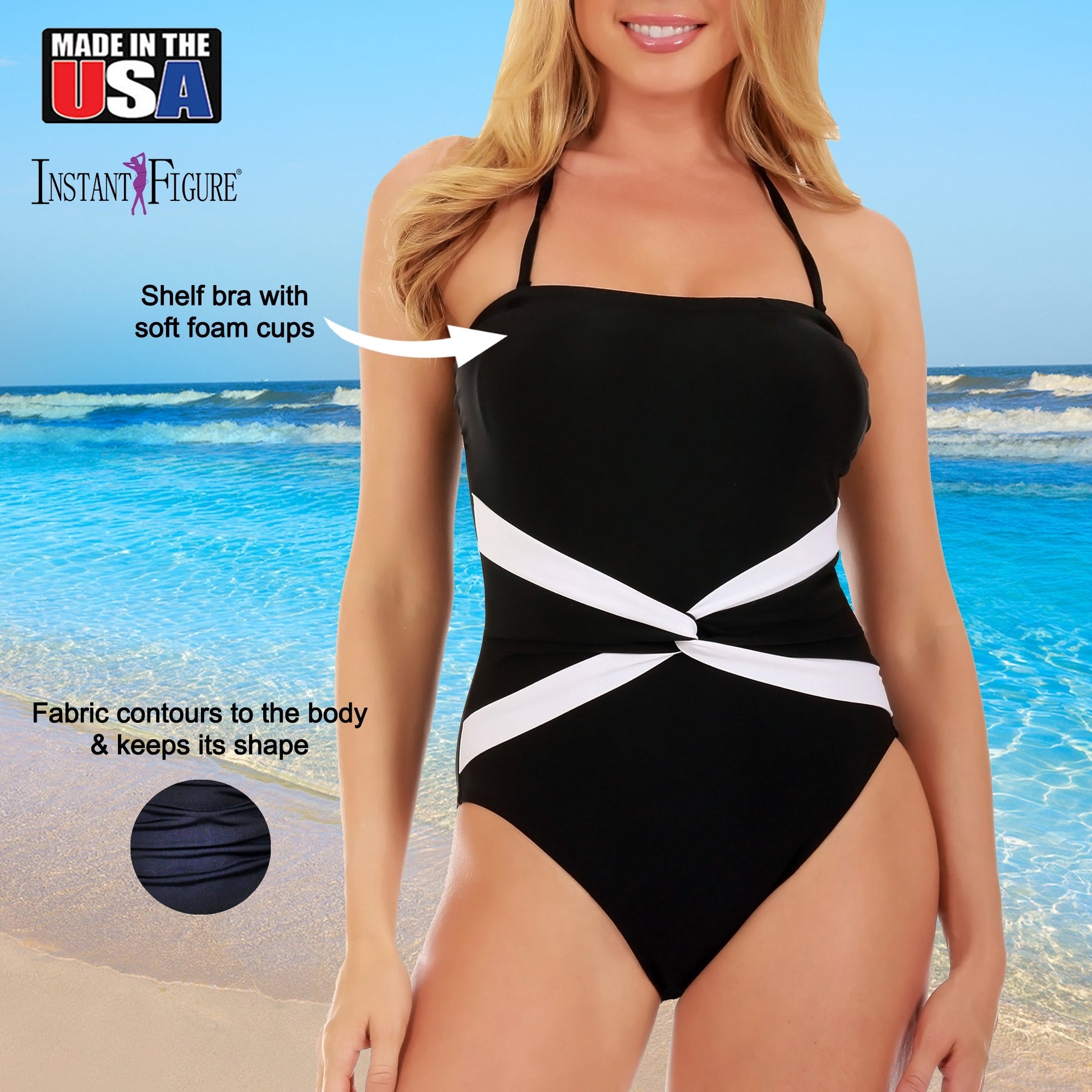 Ashley Stewart InstantFigure Twist Front Swimsuit Black/White