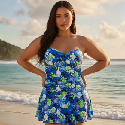 Ashley Stewart InstantFigure Floral Print Swimdress Royal
