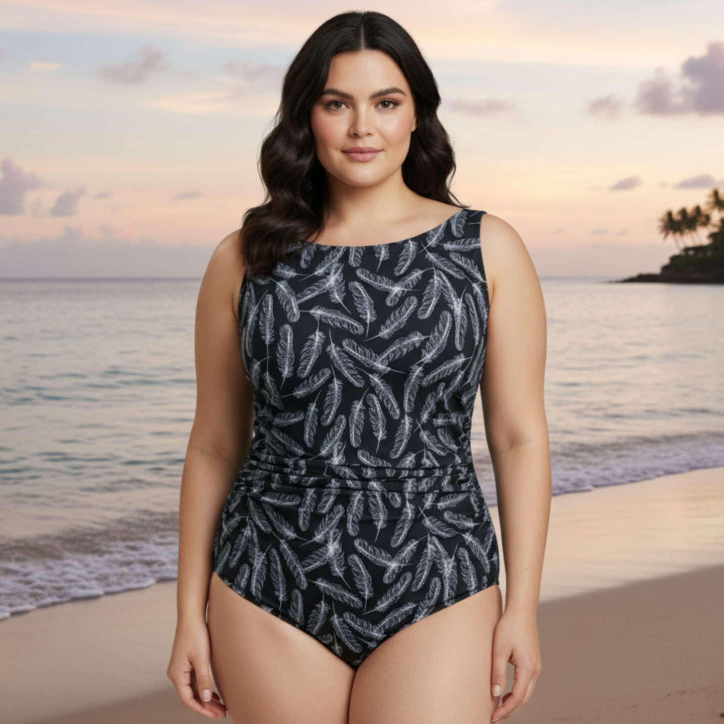 Ashley Stewart InstantFigure Feathers High Neck Swimsuit Black White