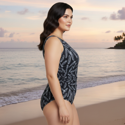 Ashley Stewart InstantFigure Feathers High Neck Swimsuit Black White