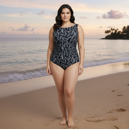 Ashley Stewart InstantFigure Feathers High Neck Swimsuit Black White