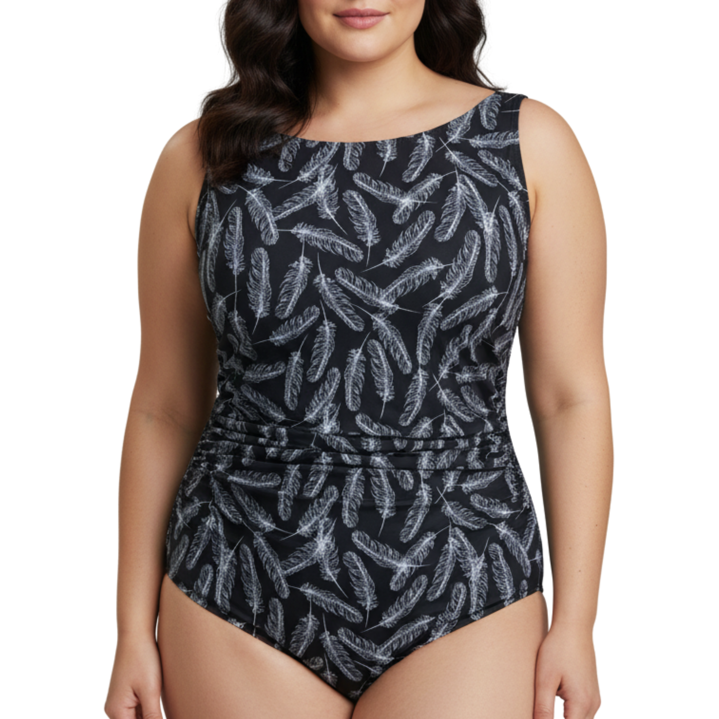 Ashley Stewart InstantFigure Feathers High Neck Swimsuit Black White