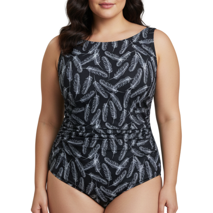 Ashley Stewart InstantFigure Feathers High Neck Swimsuit Black White