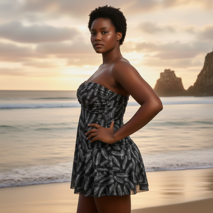Ashley Stewart InstantFigure Feathers Swimdress Black White