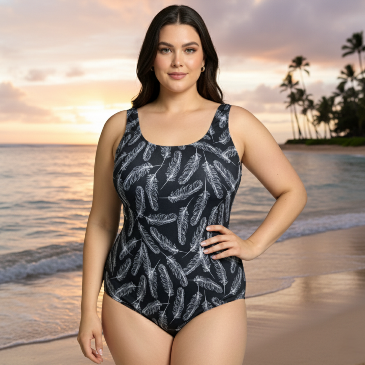 Ashley Stewart InstantFigure Feathers Scoop Back Swimsuit Black White