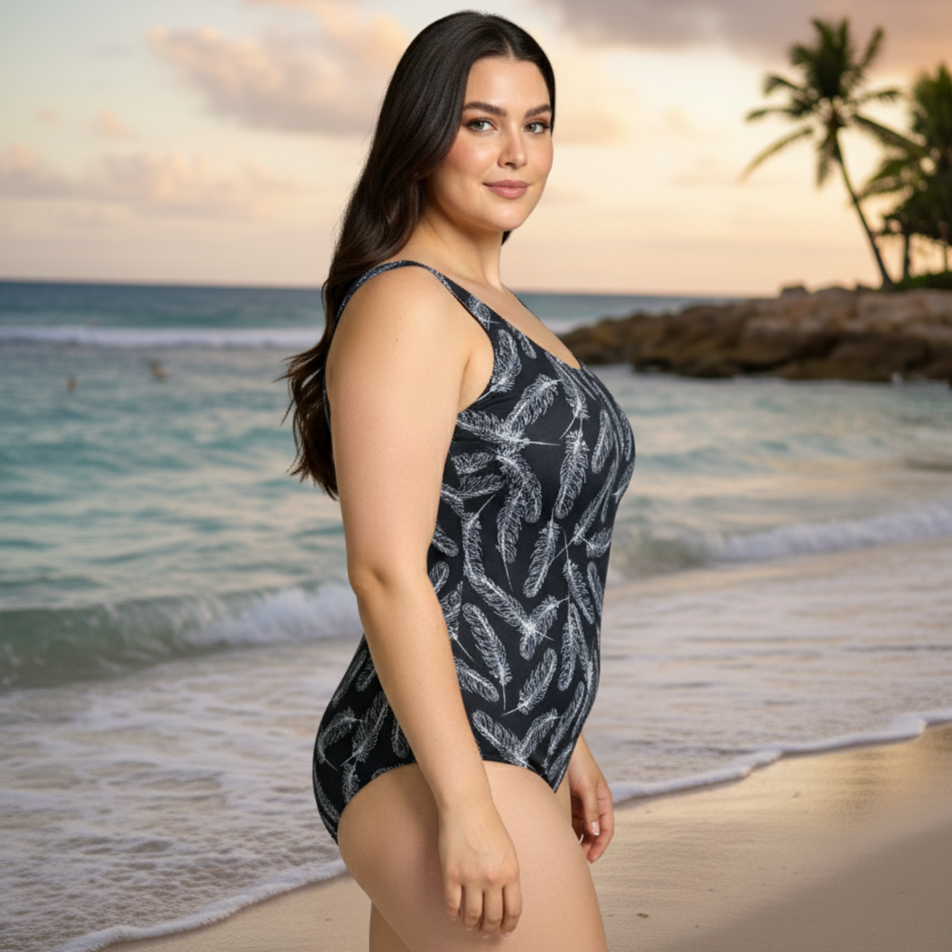 Ashley Stewart InstantFigure Feathers Scoop Back Swimsuit Black White