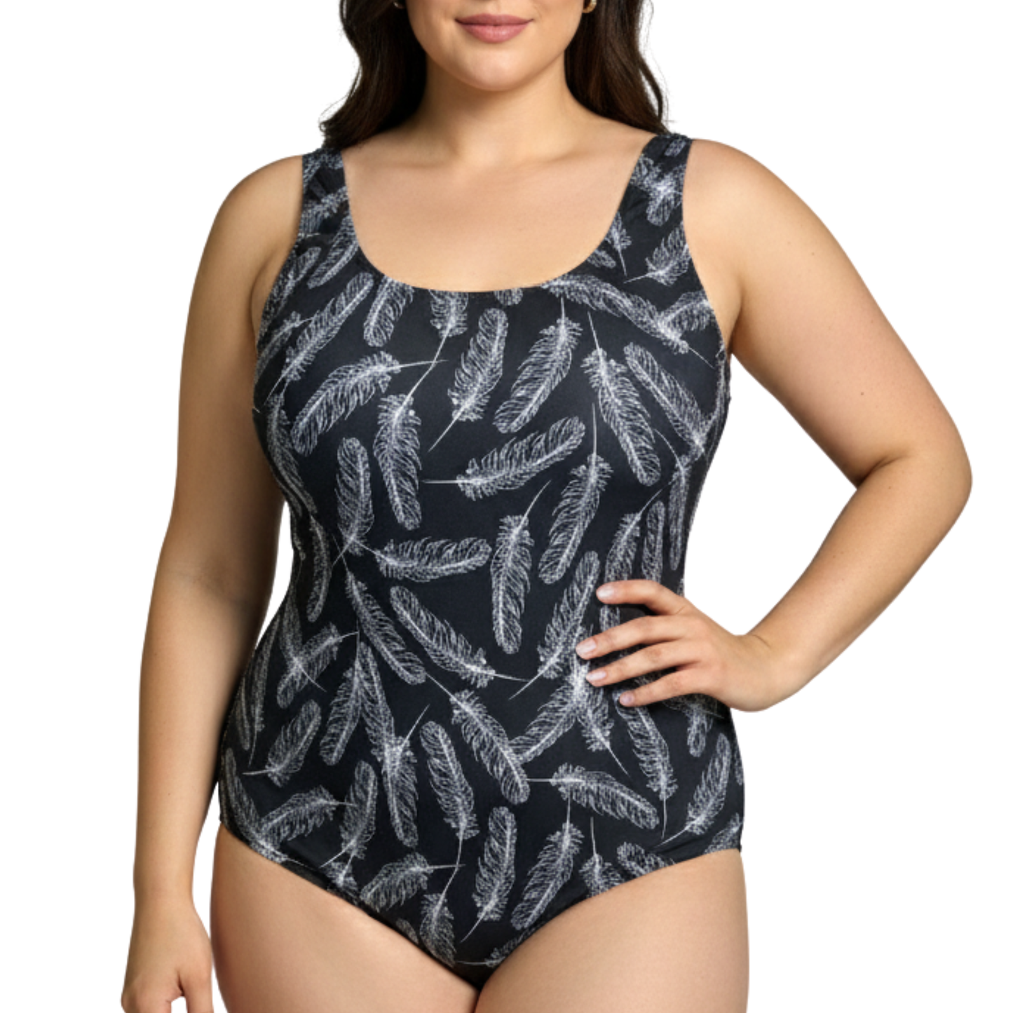 Ashley Stewart InstantFigure Feathers Scoop Back Swimsuit Black White