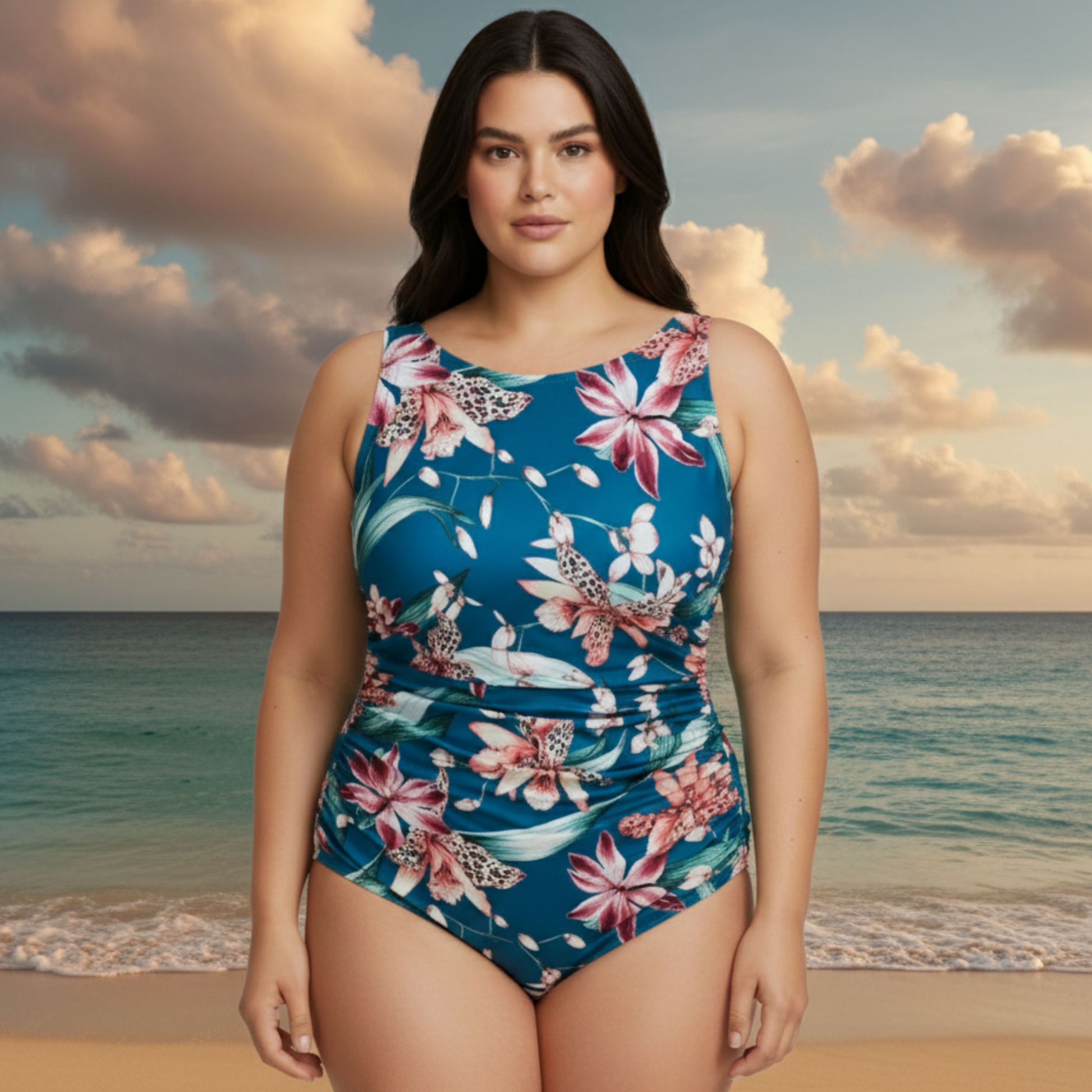 Ashley Stewart InstantFigure Orchid High Neck Swimsuit Blue