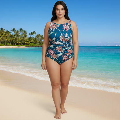 Ashley Stewart InstantFigure Orchid High Neck Swimsuit Blue
