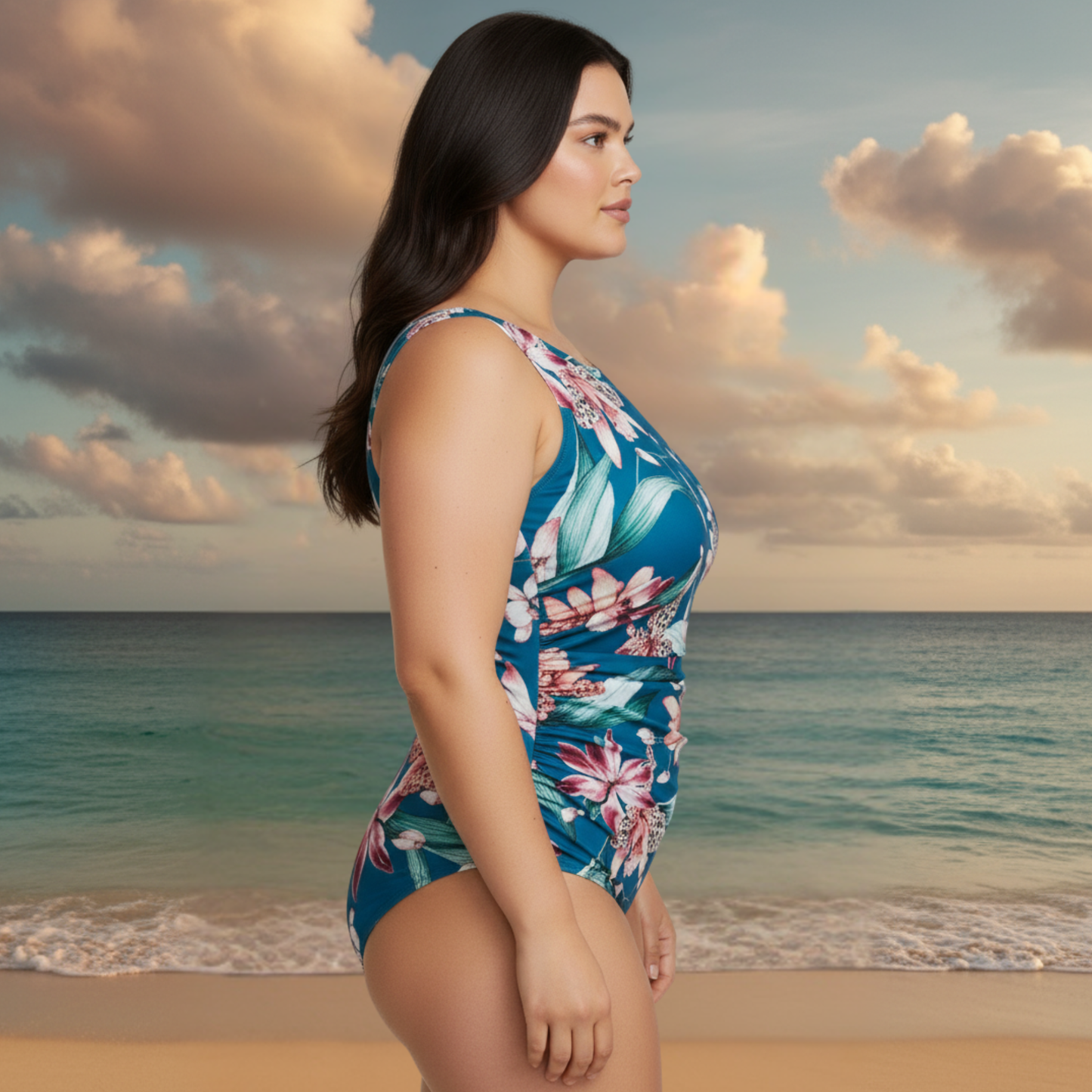 Ashley Stewart InstantFigure Orchid High Neck Swimsuit Blue