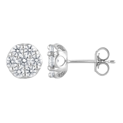 Ashley Stewart 1 Carat Round Cut Lab Grown Cluster Diamond Stud Earrings In Sterling  White