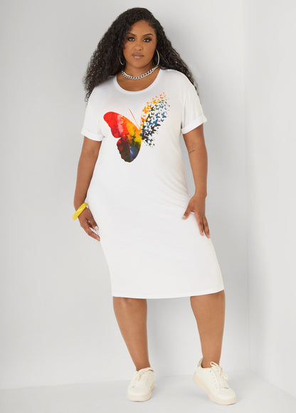 Ashley Stewart Butterfly T Shirt Dress White