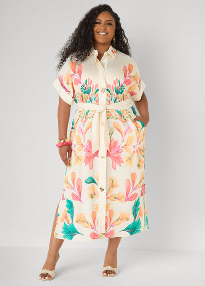 Ashley Stewart Floral Print Maxi Shirtdress Calypso Coral