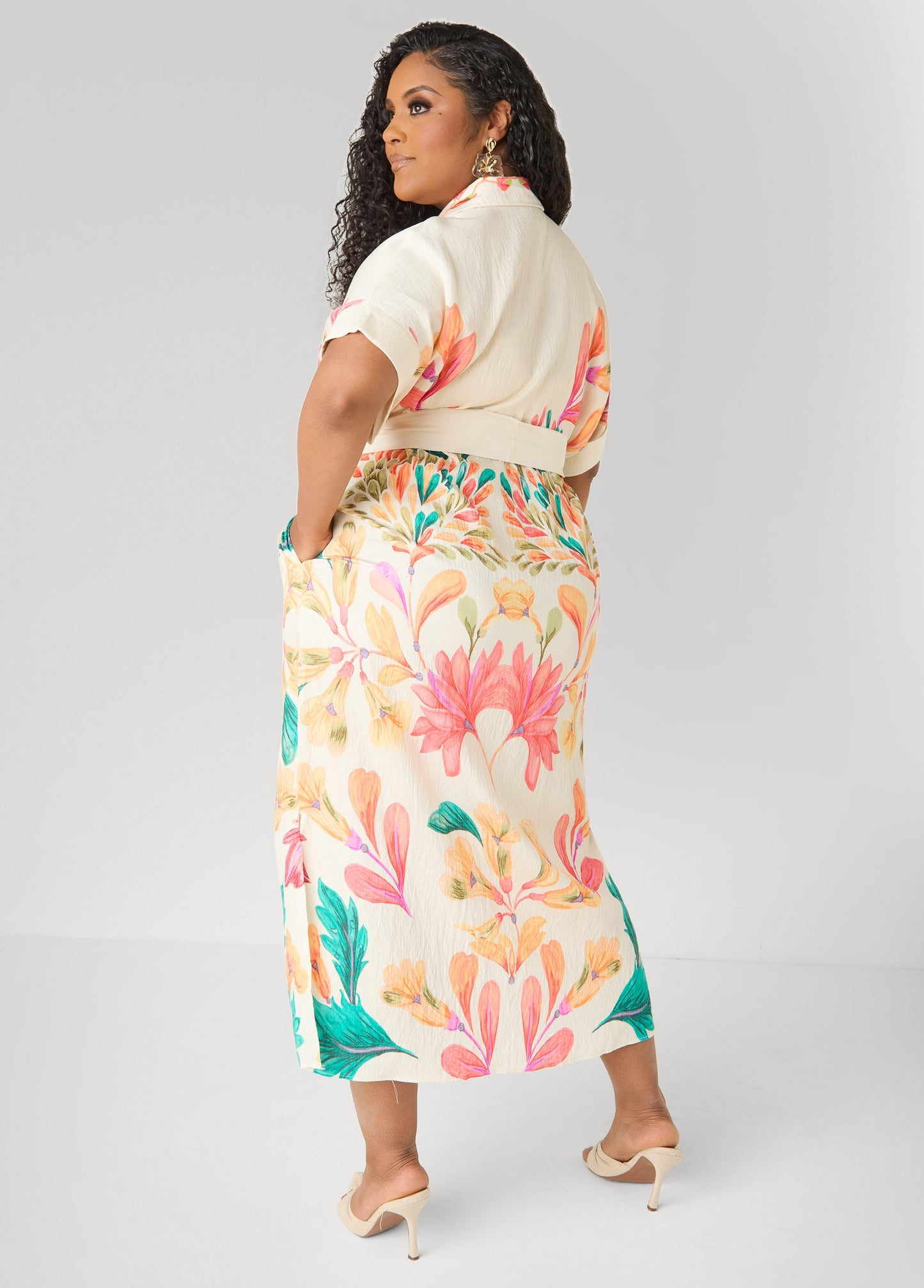 Ashley Stewart Floral Print Maxi Shirtdress Calypso Coral