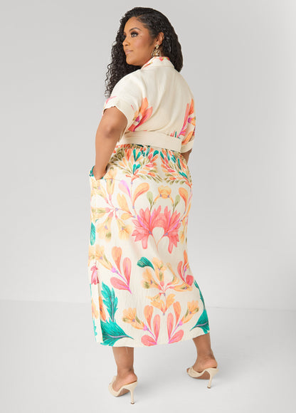 Ashley Stewart Floral Print Maxi Shirtdress Calypso Coral