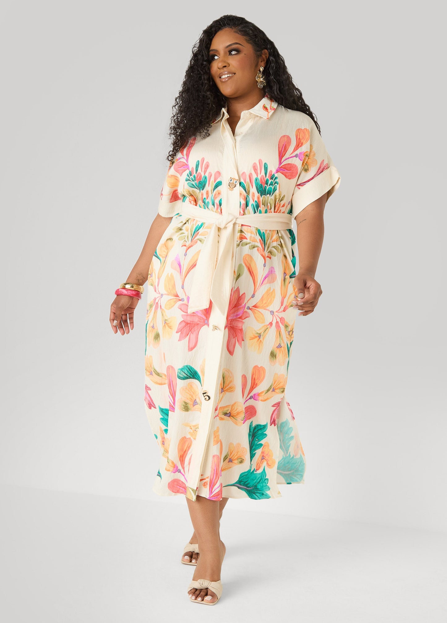 Ashley Stewart Floral Print Maxi Shirtdress Calypso Coral
