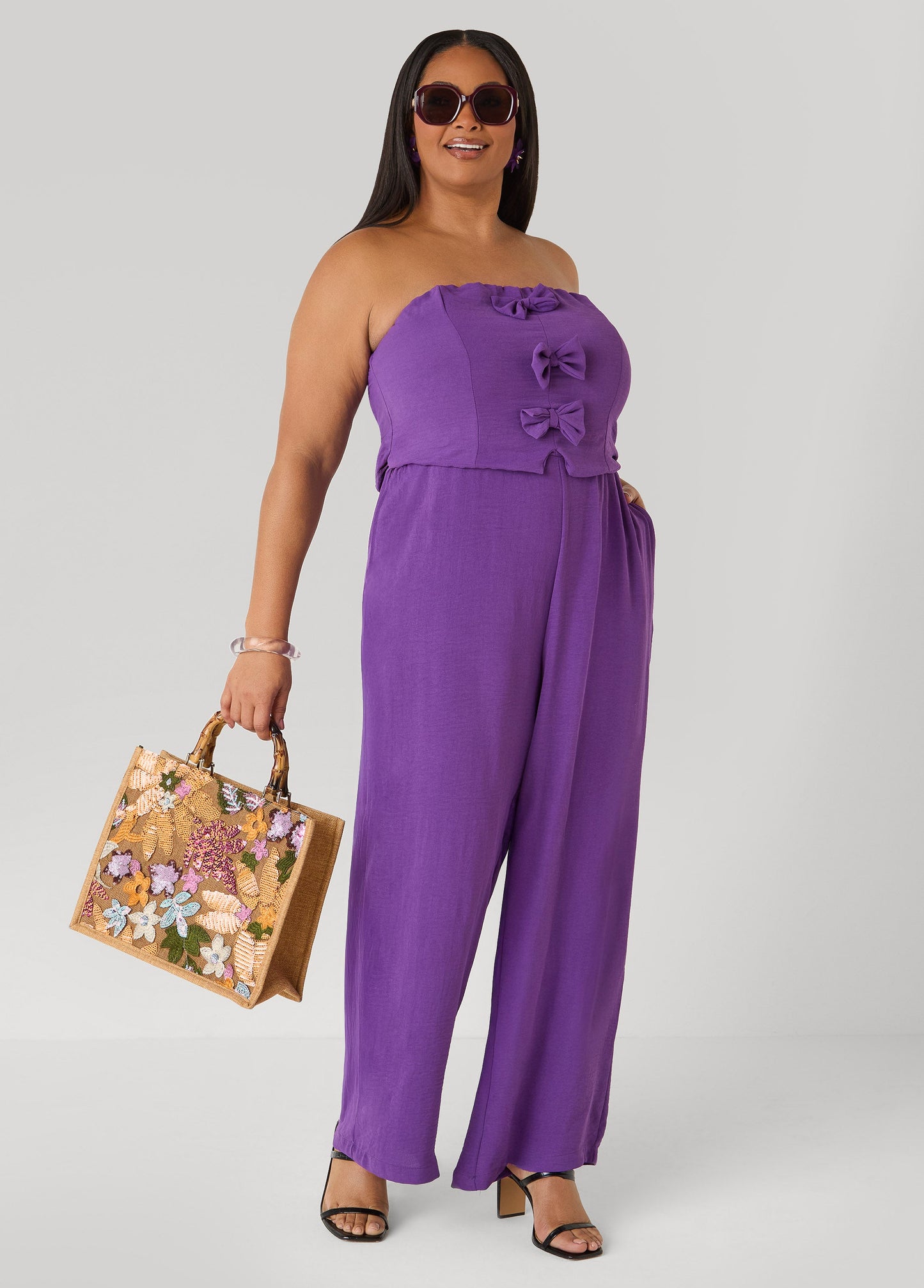 Ashley Stewart Strapless Bow Embellished Jumpsuit Pansy