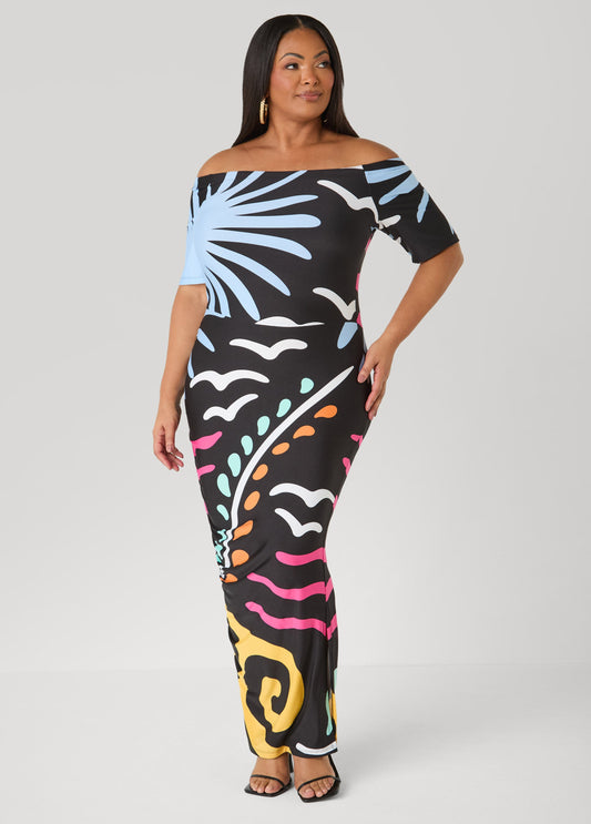 Ashley Stewart Tall Tropical Off The Shoulder Dress Black Combo