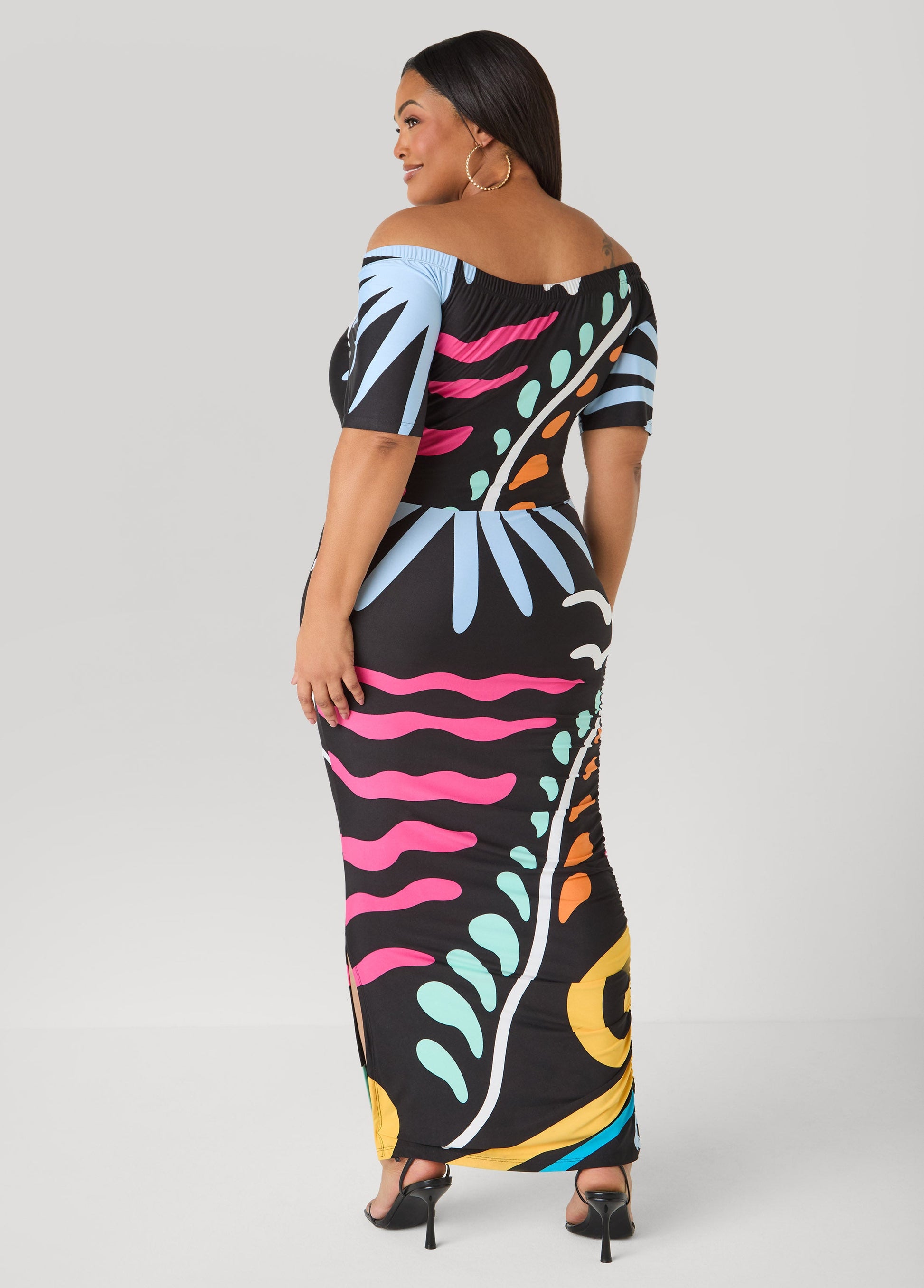 Ashley Stewart Tall Tropical Off The Shoulder Dress Black Combo