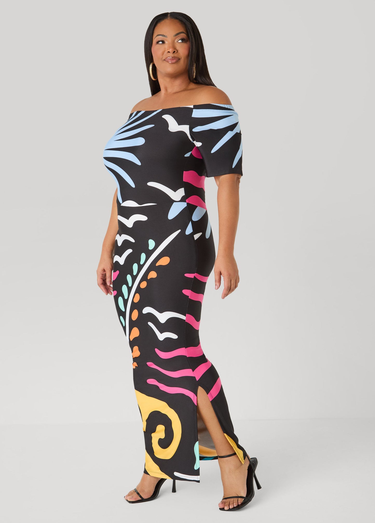 Ashley Stewart Tall Tropical Off The Shoulder Dress Black Combo