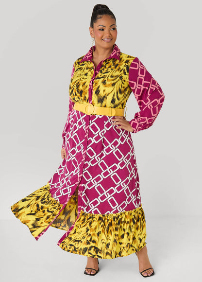 Ashley Stewart Belted Printed Maxi Shirtdress Multi