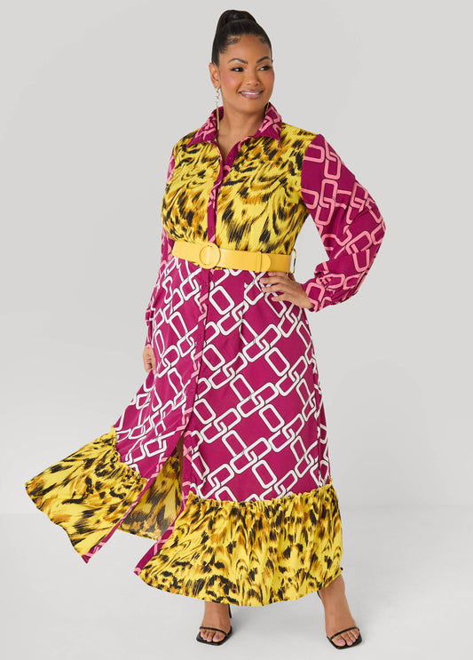 Ashley Stewart Belted Printed Maxi Shirtdress Multi