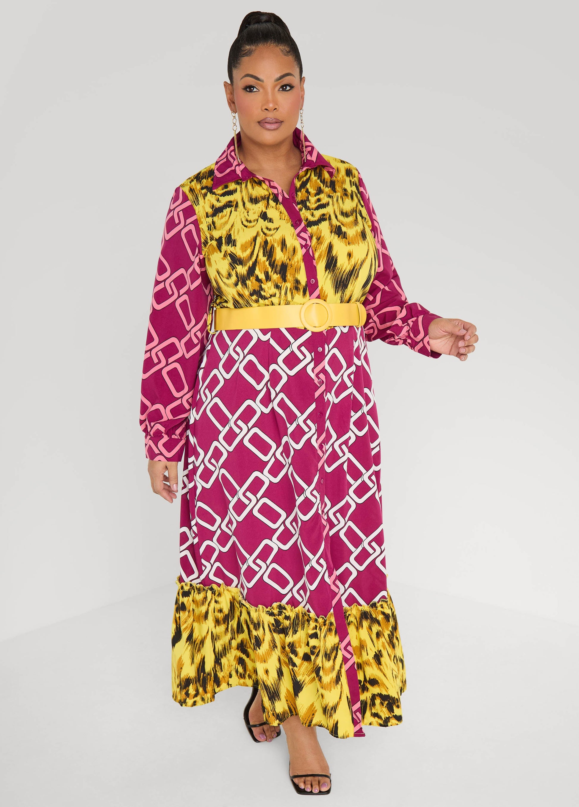Ashley Stewart Belted Printed Maxi Shirtdress Multi