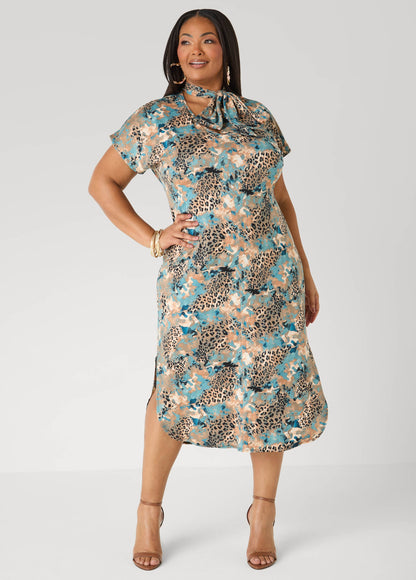 Ashley Stewart Tie Neck Printed Midaxi Dress Confetti