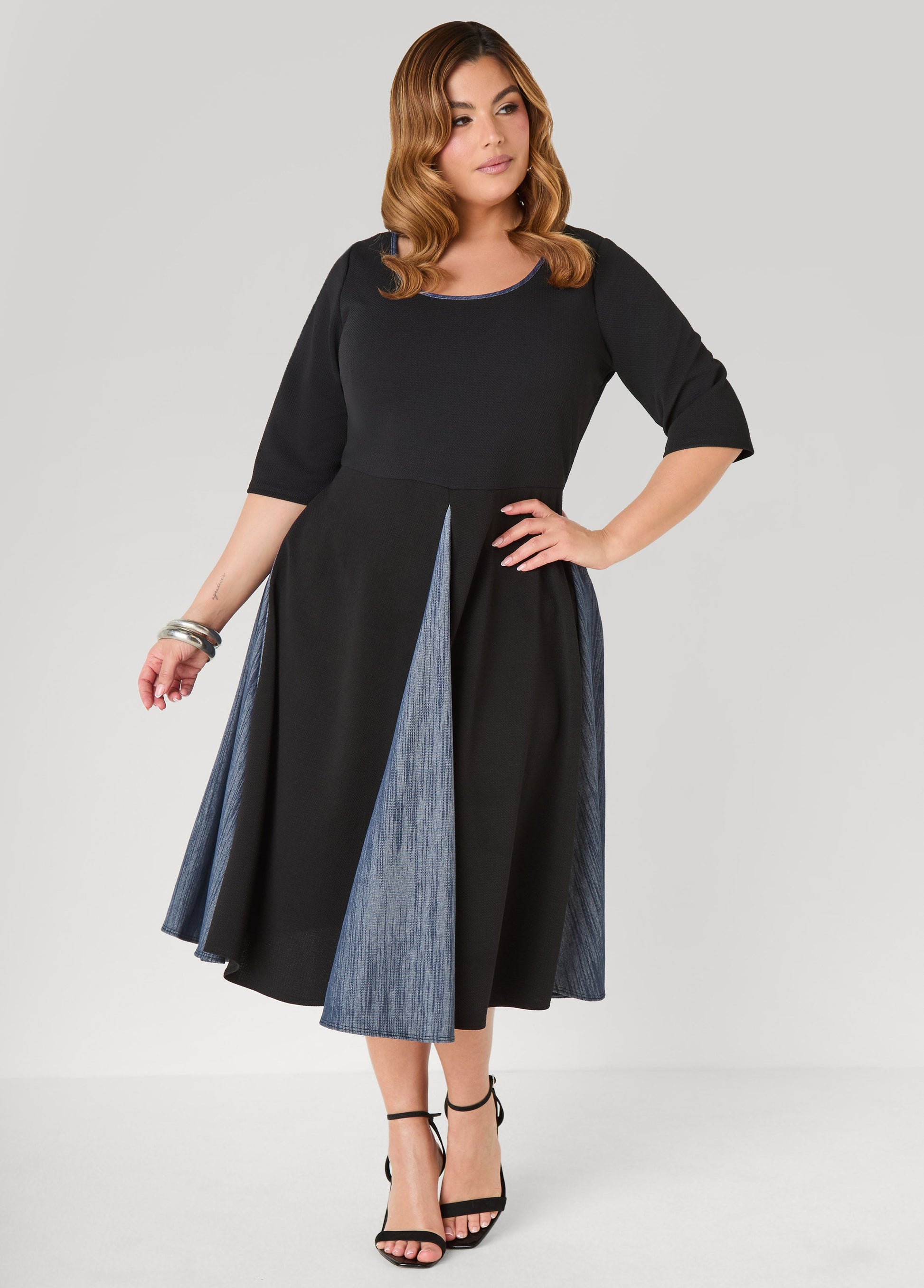 Ashley Stewart Denim Paneled A Line Dress Black