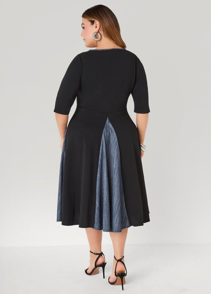 Ashley Stewart Denim Paneled A Line Dress Black