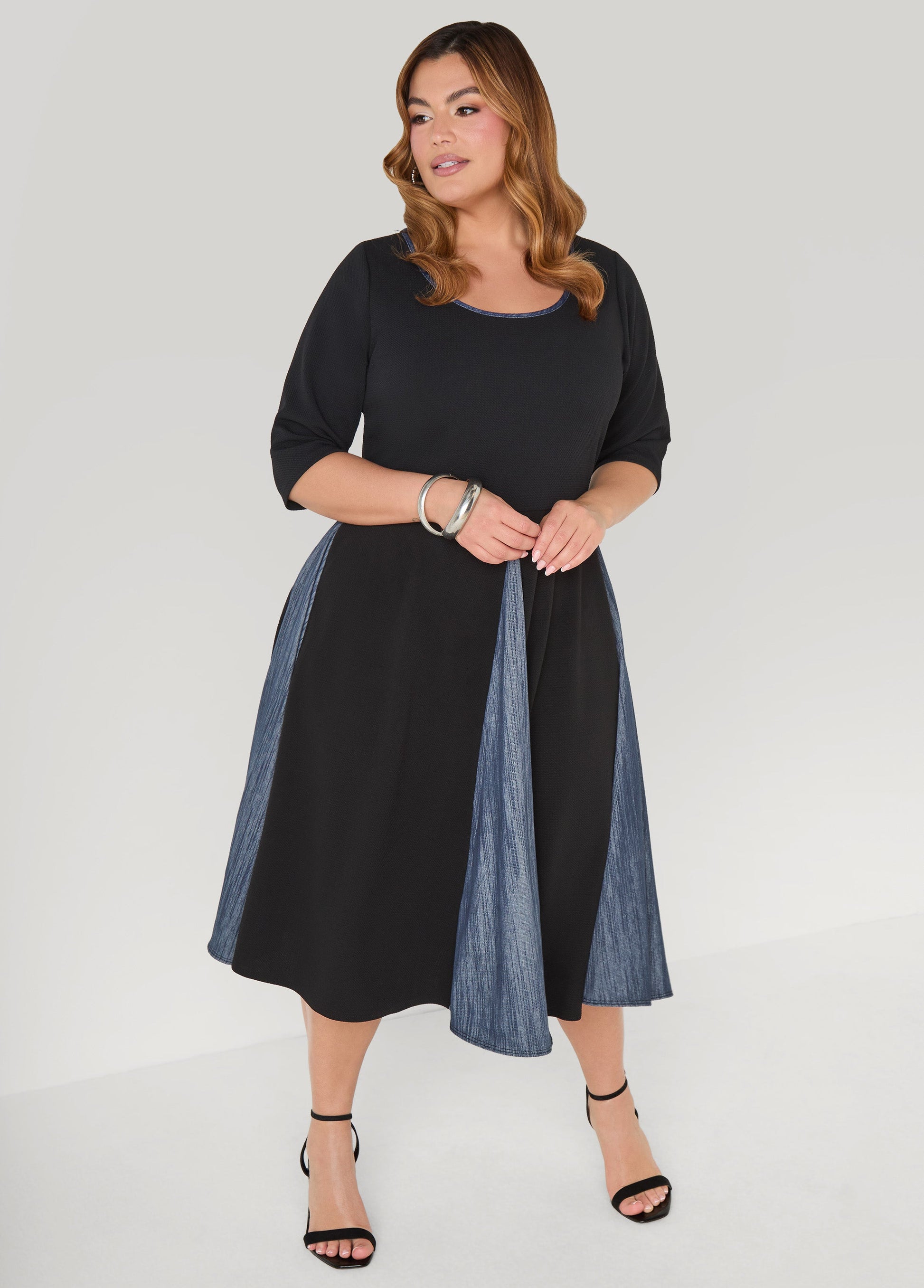 Ashley Stewart Denim Paneled A Line Dress Black