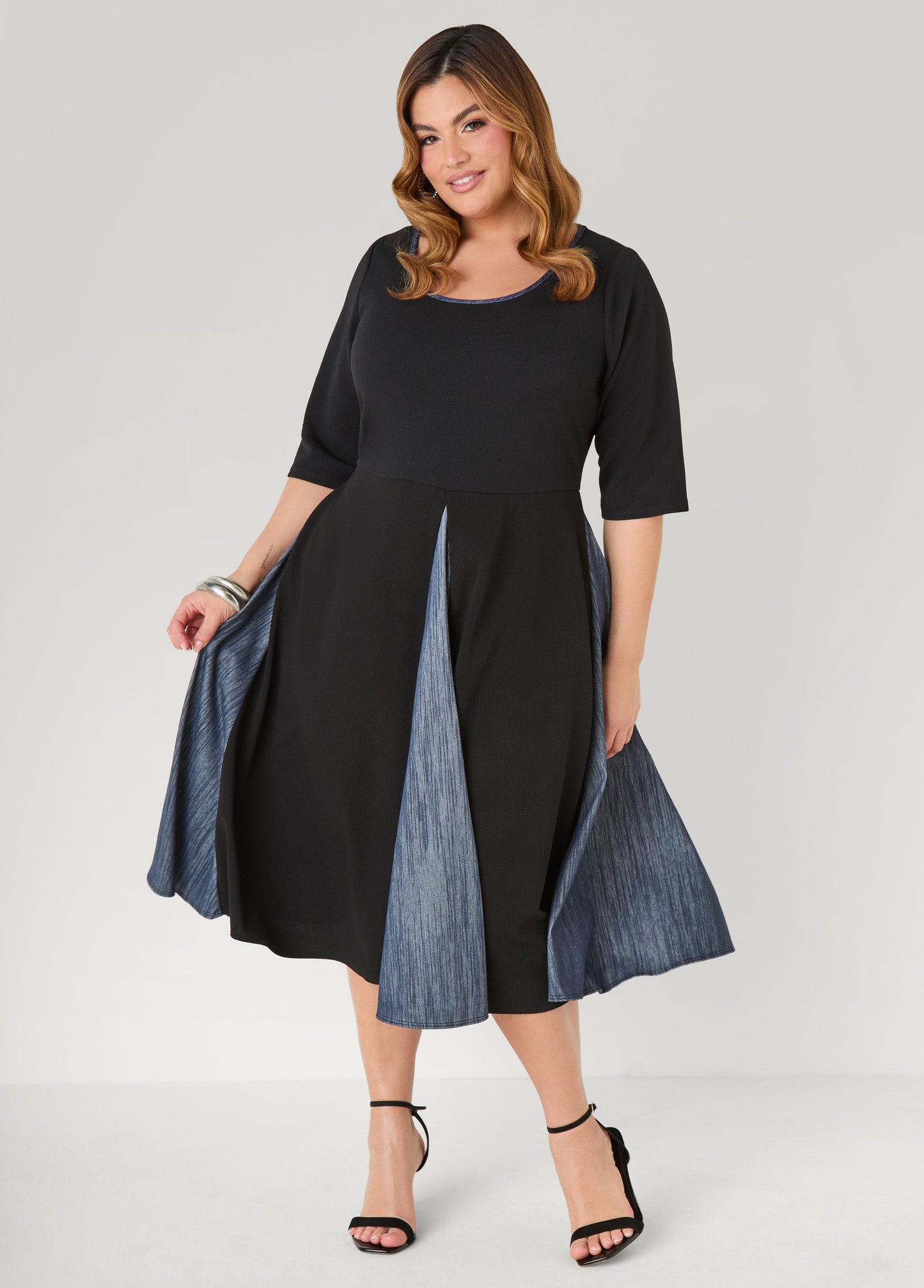 Ashley Stewart Denim Paneled A Line Dress Black
