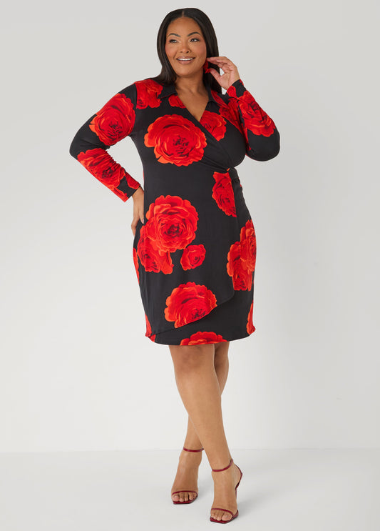 Ashley Stewart Rose Print Faux Wrap Dress Black Combo
