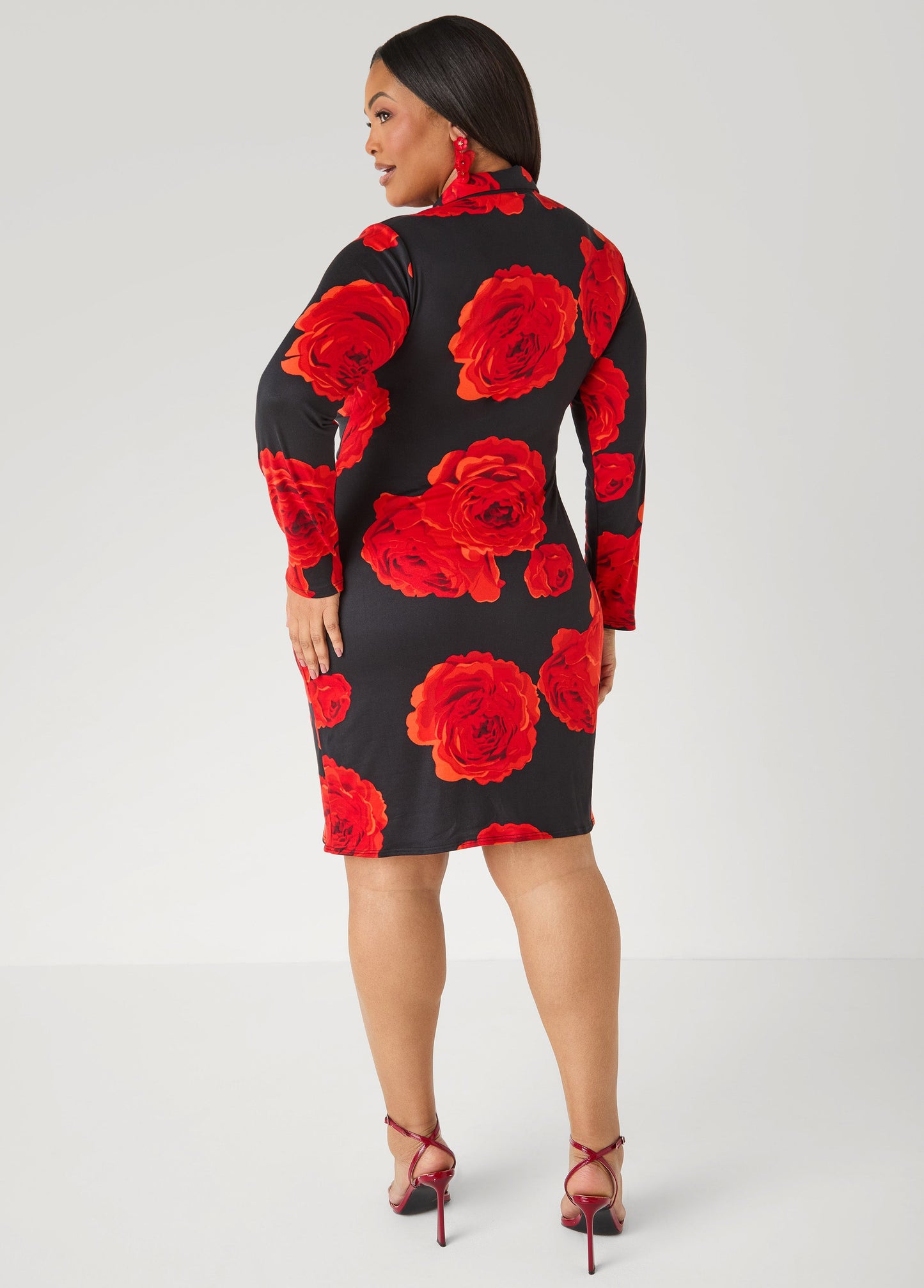 Ashley Stewart Rose Print Faux Wrap Dress Black Combo