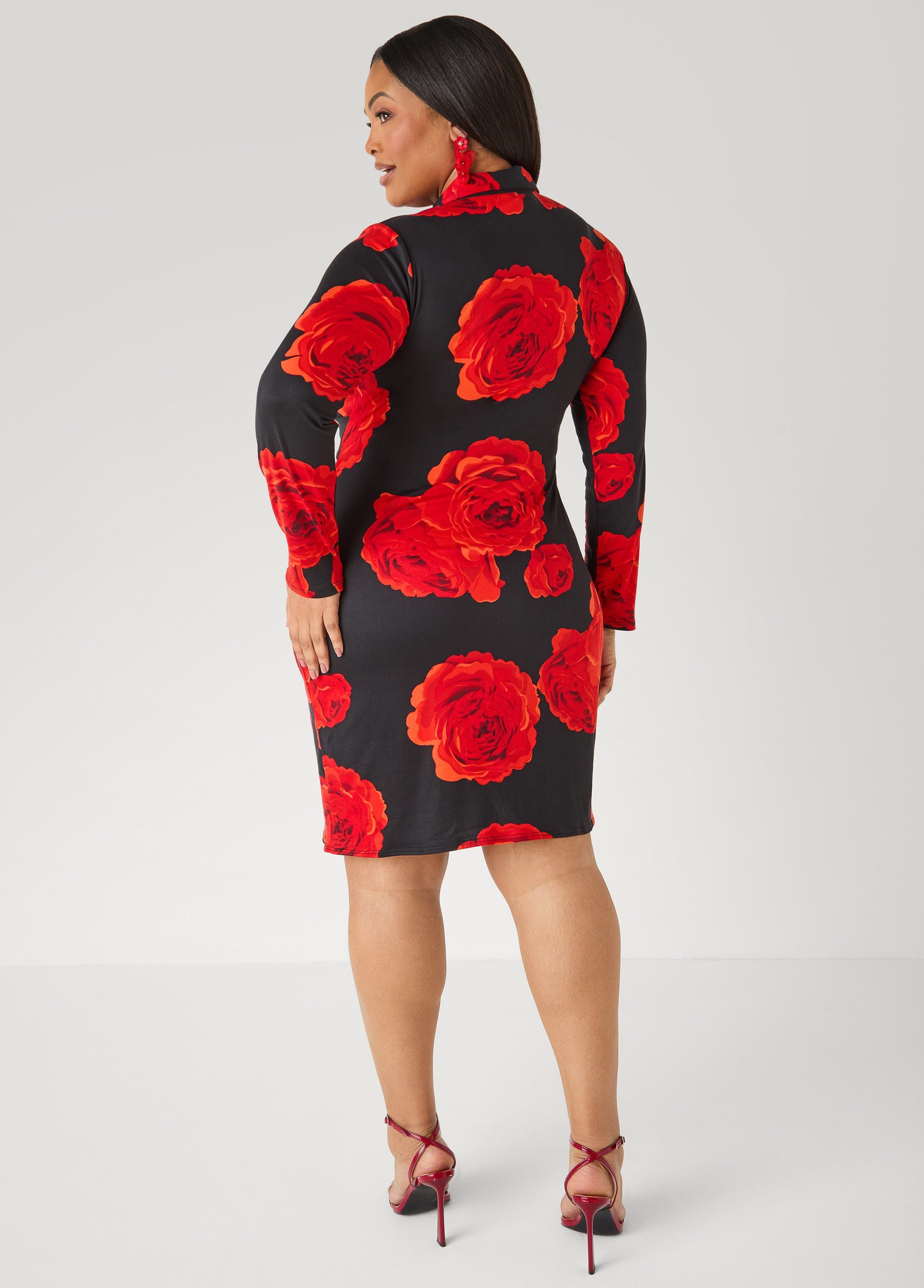 Ashley Stewart Rose Print Faux Wrap Dress Black Combo