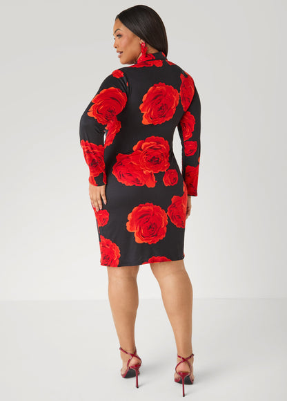 Ashley Stewart Rose Print Faux Wrap Dress Black Combo