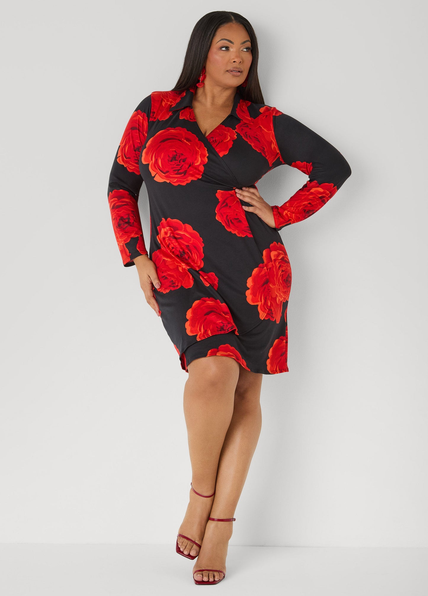 Ashley Stewart Rose Print Faux Wrap Dress Black Combo