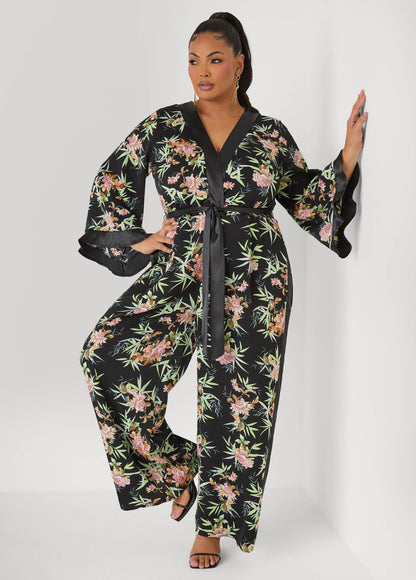 Ashley Stewart Floral Faux Wrap Jumpsuit Black Combo