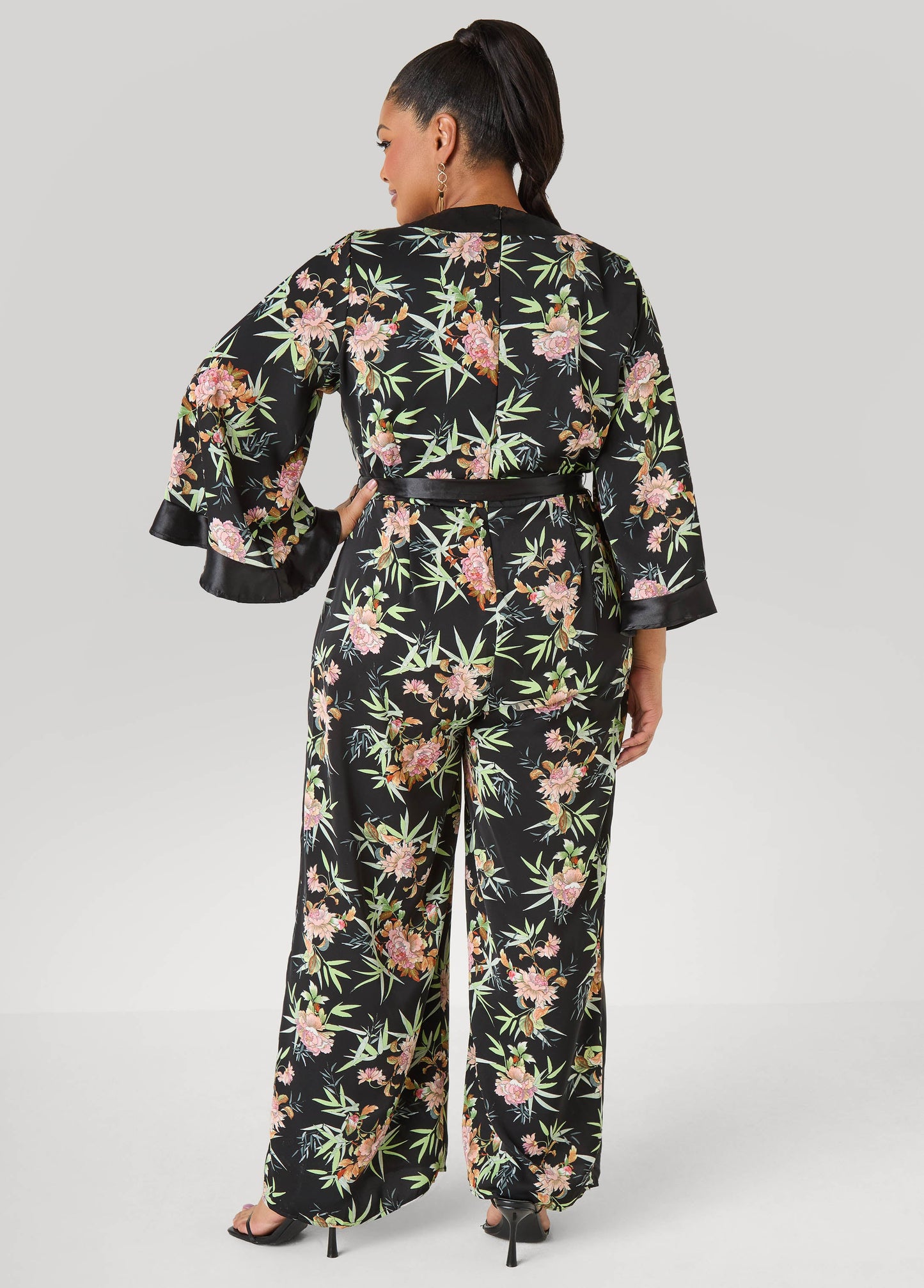 Ashley Stewart Floral Faux Wrap Jumpsuit Black Combo