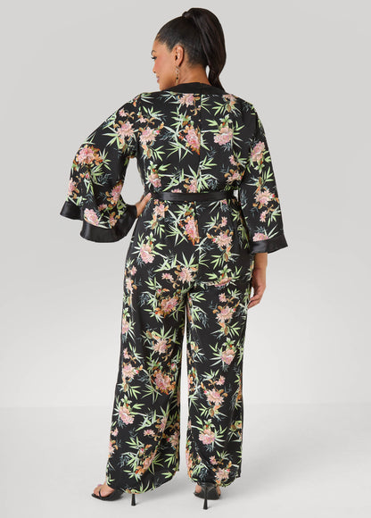 Ashley Stewart Floral Faux Wrap Jumpsuit Black Combo