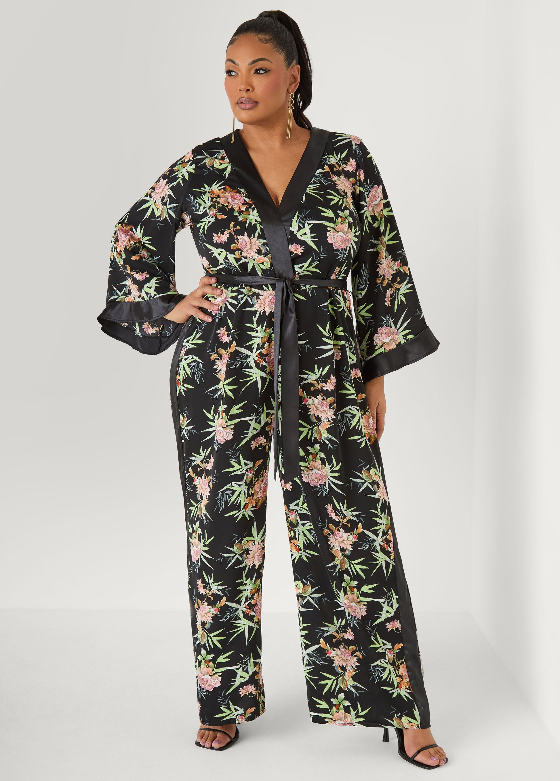 Ashley Stewart Floral Faux Wrap Jumpsuit Black Combo
