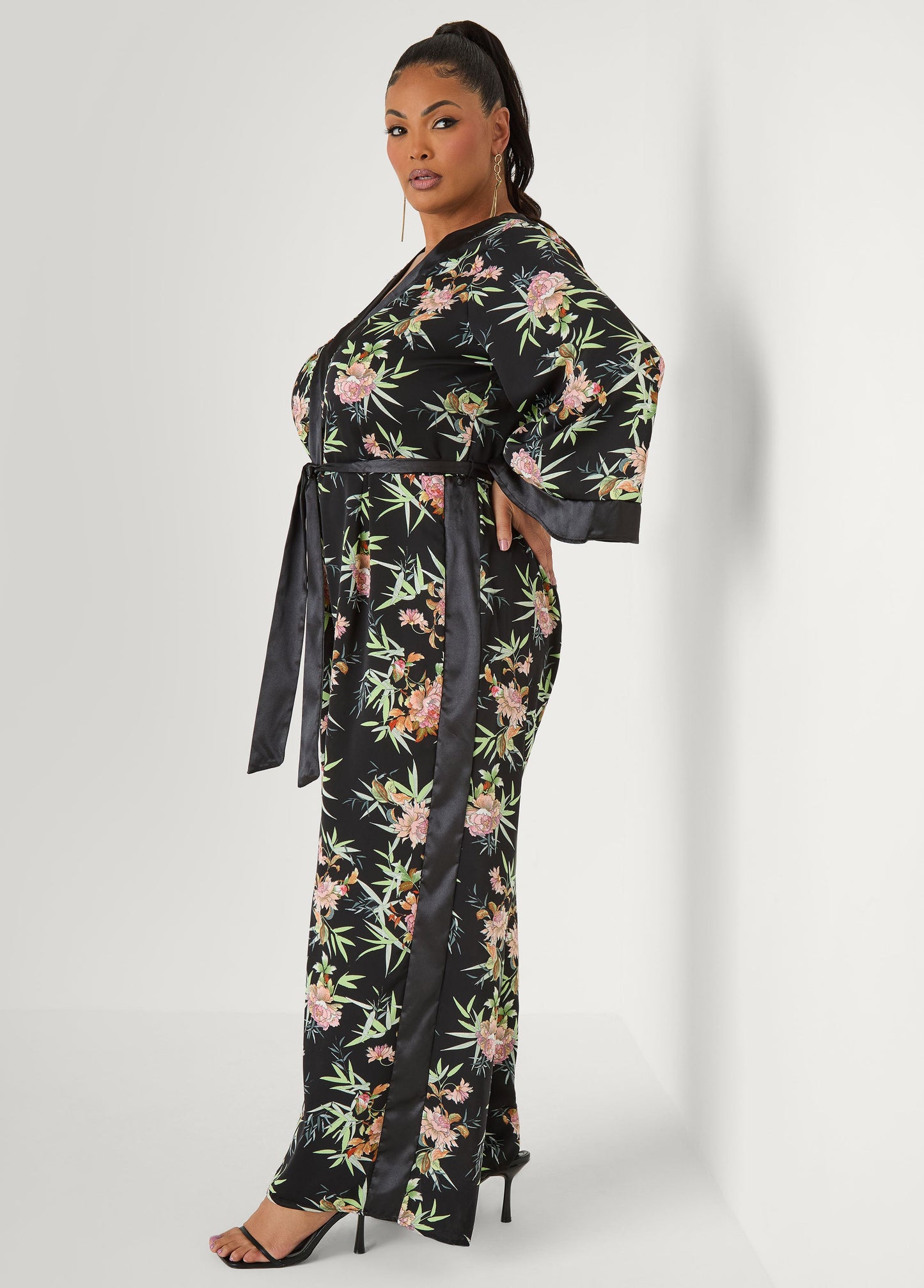 Ashley Stewart Floral Faux Wrap Jumpsuit Black Combo