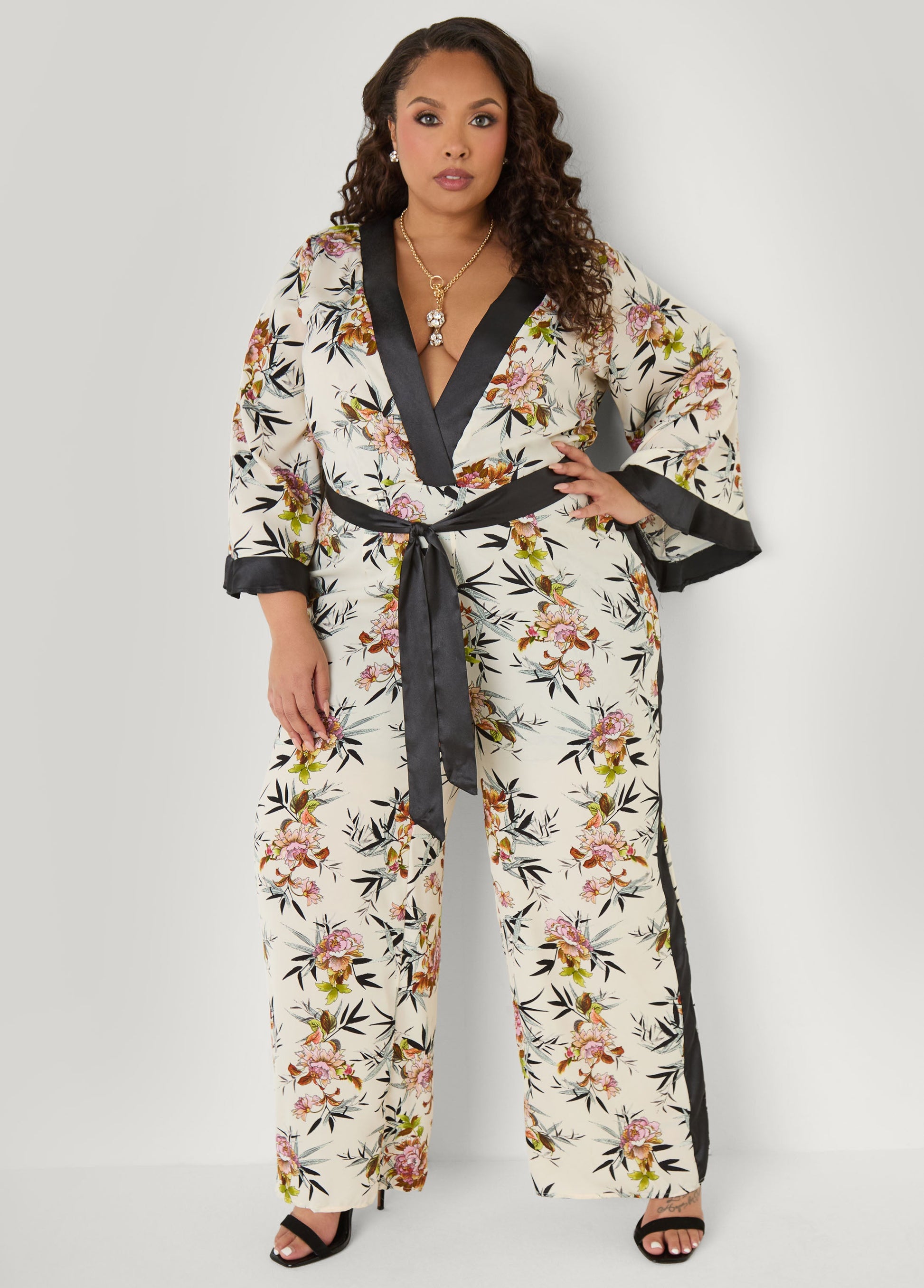 Ashley Stewart Floral Faux Wrap Jumpsuit Black Combo