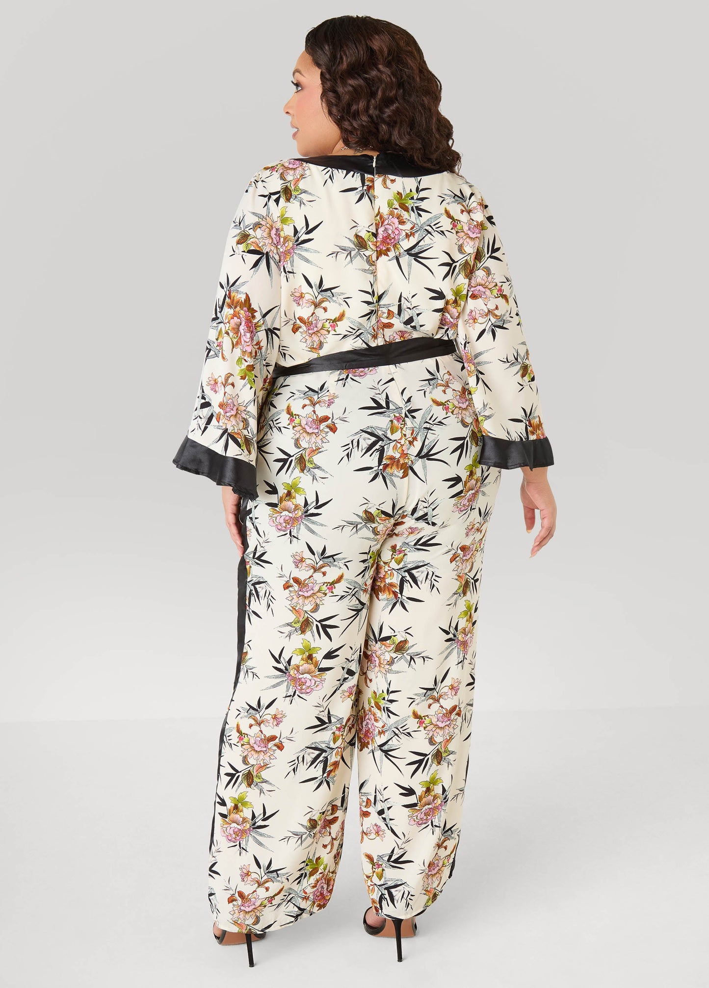 Ashley Stewart Floral Faux Wrap Jumpsuit Black Combo