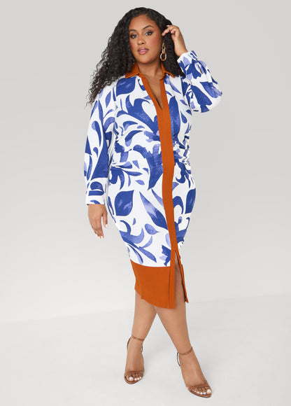 Ashley Stewart Ruched Leaf Print Bodycon Dress Sodalite