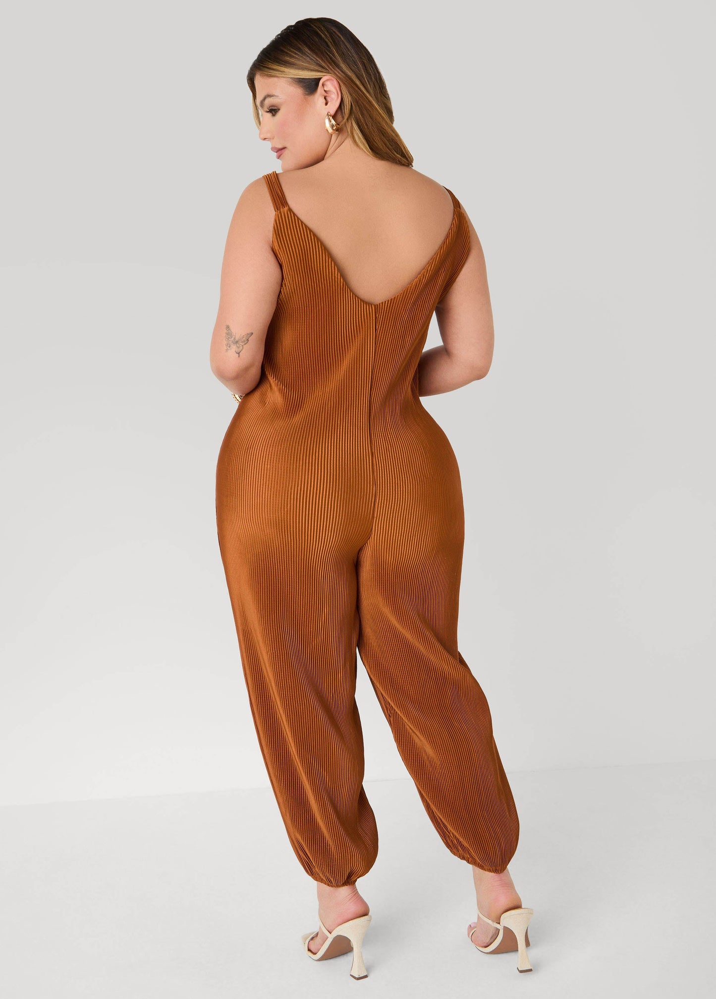 Ashley Stewart Plisse Satin Balloon Leg Jumpsuit Caramel Cafe