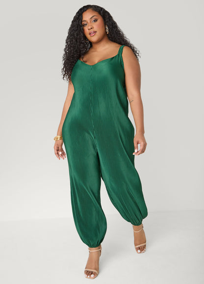 Ashley Stewart Plisse Satin Balloon Leg Jumpsuit Caramel Cafe